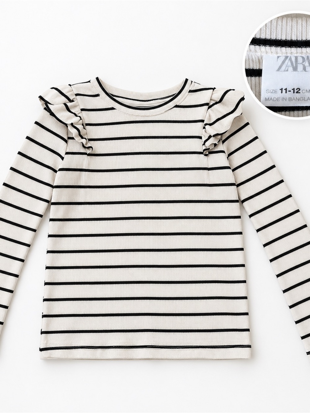 Zara Kids Cream & Black Striped Ruffle Shoulder Long-Sleeve Top